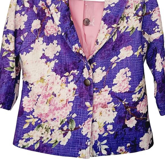 J Peterman Purple Cherry Blossom Cotton One Button 3/4 Sleeve Jacket NWOT Size 4 - Picture 4 of 11